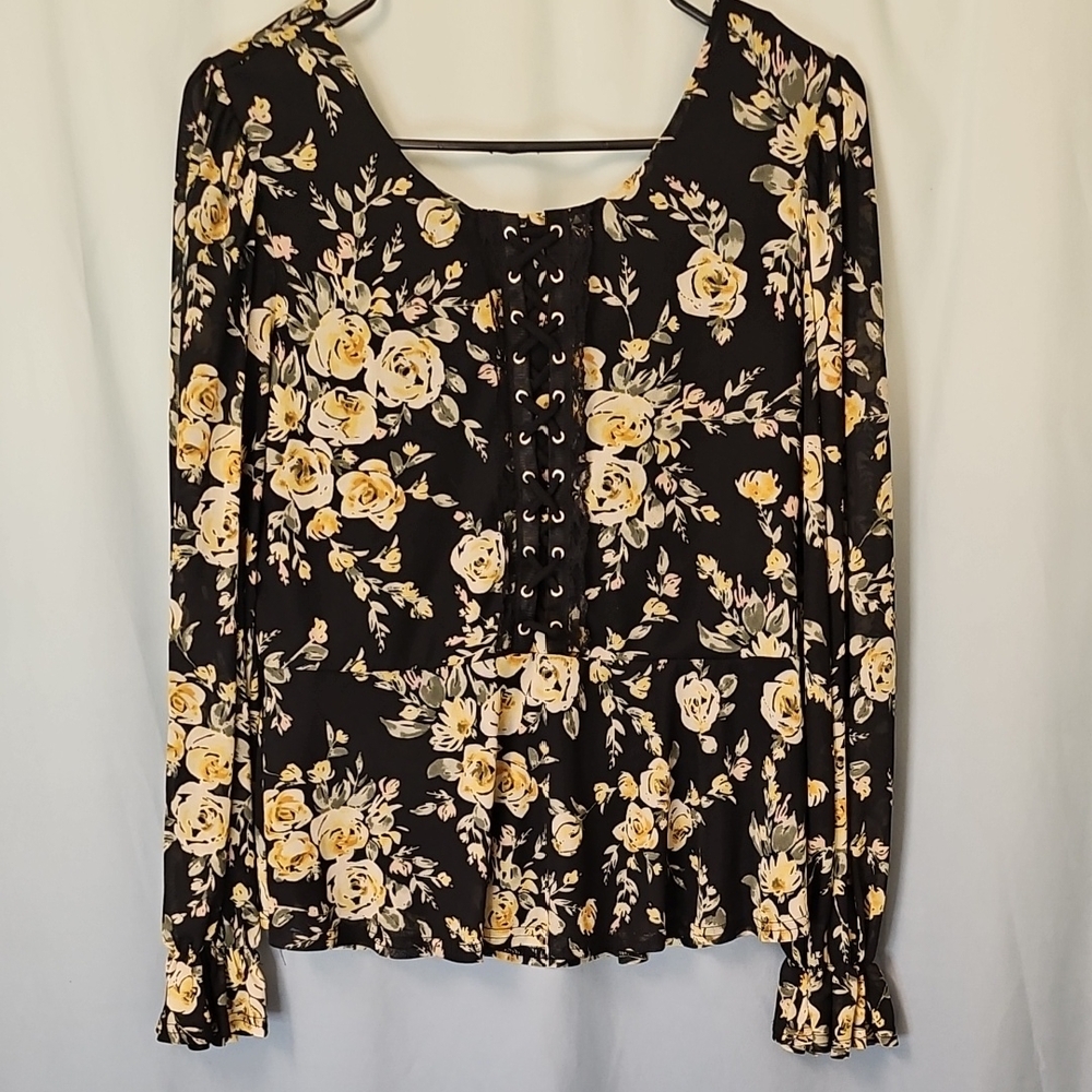 Ember Yellow Black Floral Lace Up Front Long Sheer Sleeves Blouse Size Meduim